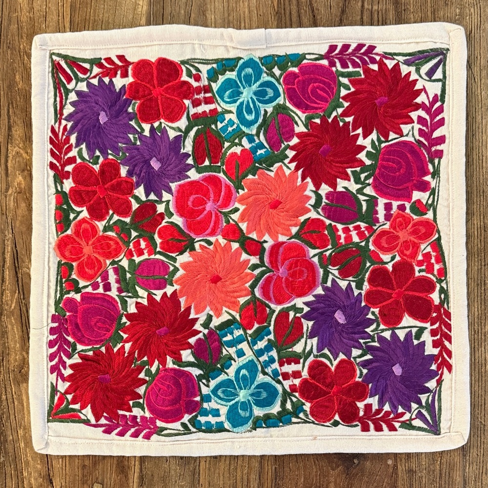 Embroidered Multicolor Vibrant Floral Decorative Pillow Cover  18"x18"